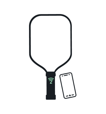 A phone held against the handle of a pickleball paddle to scan its NFC tag